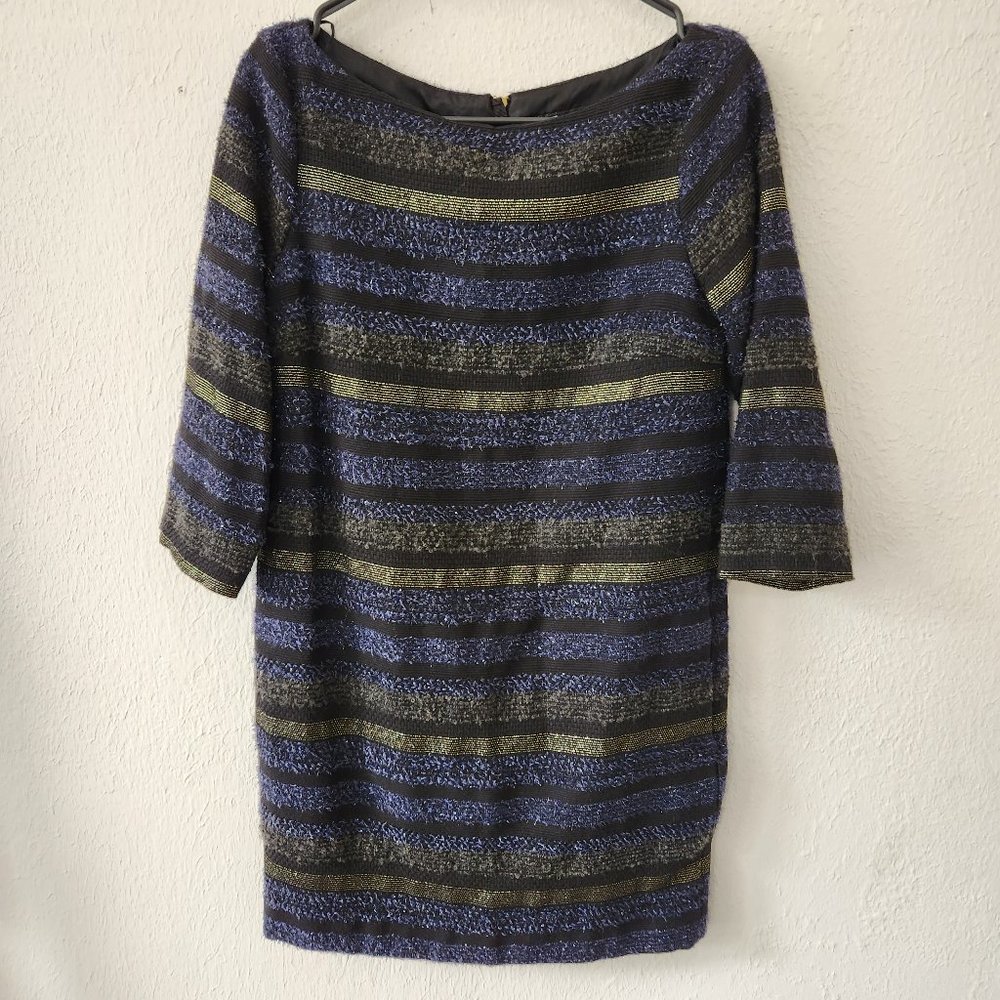 Zara Basic Dress Womens Small Dressy 3/4 Sleeve Metallic Gold Blue Black Bodycon